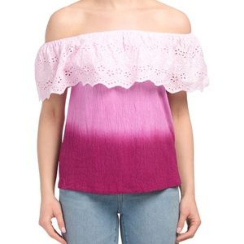 Off-shoulder ombre eyelet top